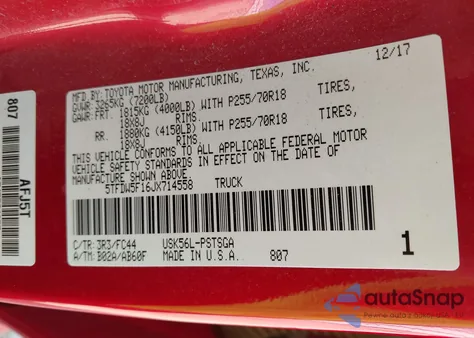 2018 Toyota Tundra Sr5 5.7L V8 from USA, damaged, VIN 5TFDW5F16JX714558